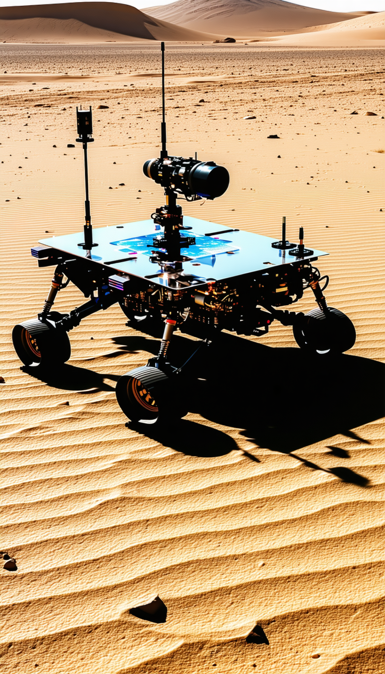 A Robotic Vehicle With A Blue Plate On Its Front, Driving Across A Sandy Surface