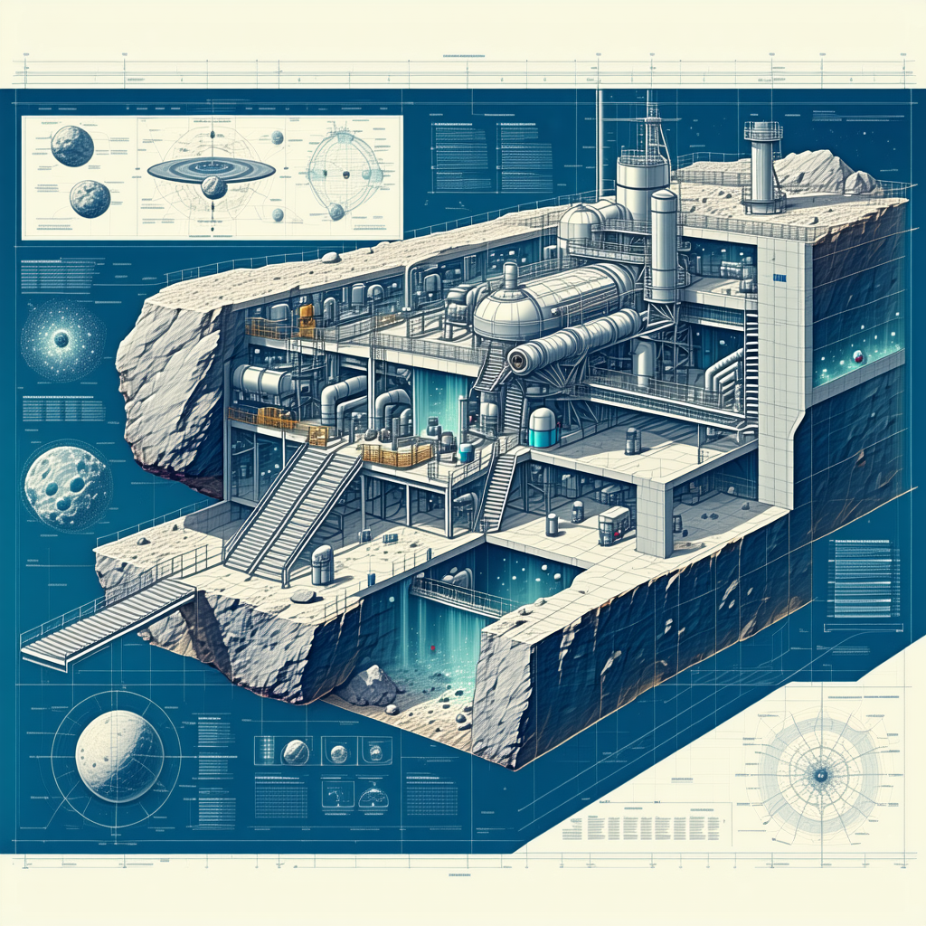 A Futuristic Space Station Is Depicted In A Blue And White Drawing