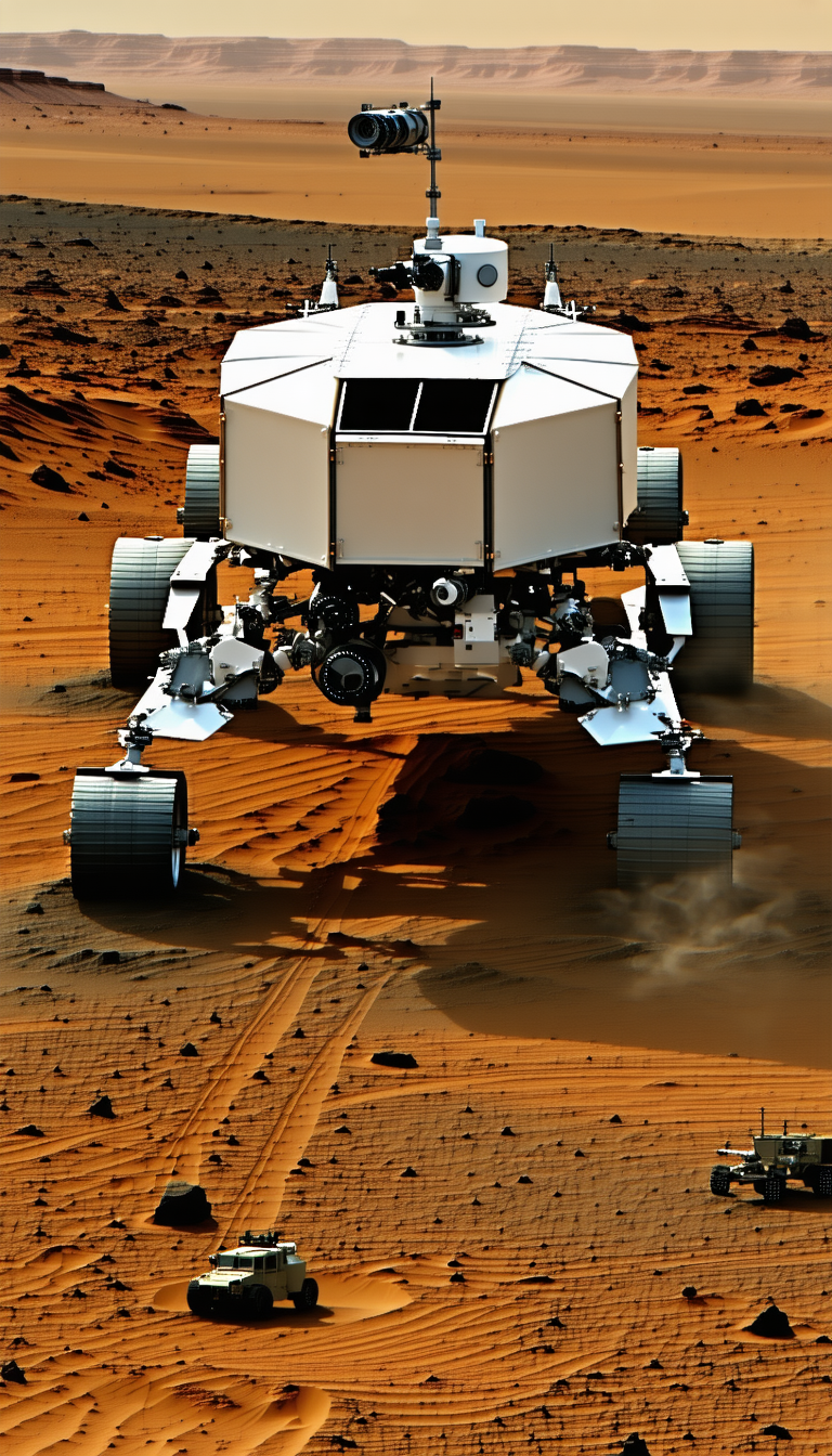 A White Rover Vehicle Driving On A Dirt Road