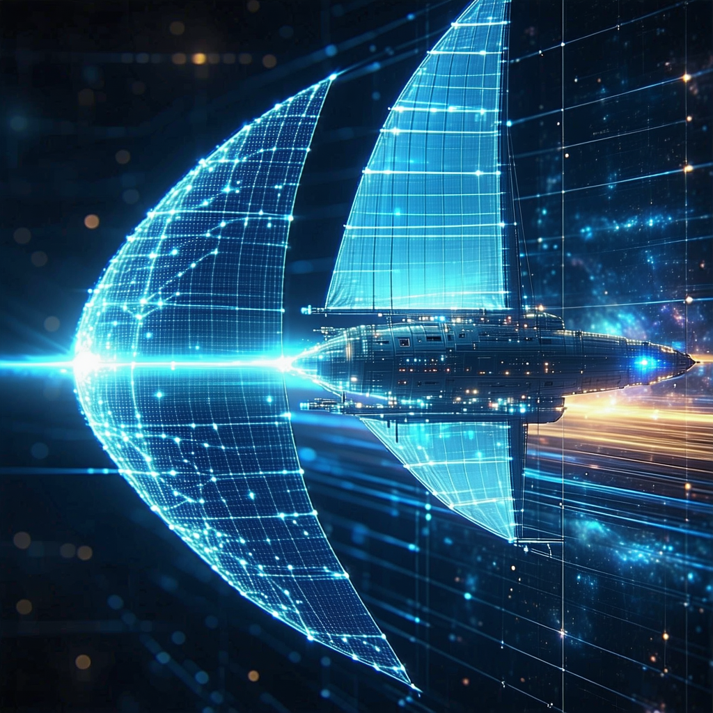 A Futuristic Spacecraft With A Large Sail, Flying Through A Dark