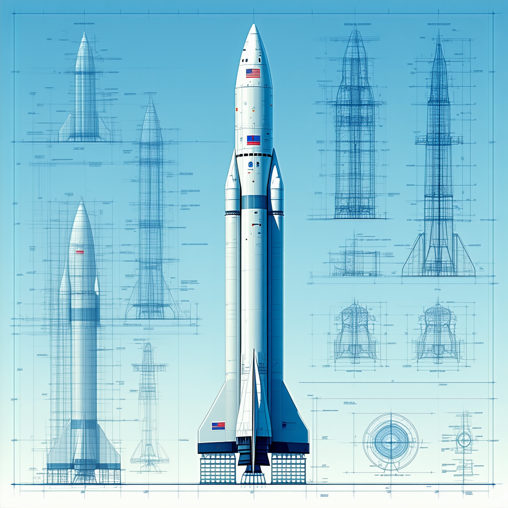 A White Rocket Ship Is Shown In A Blue Drawing, With A Detailed View Of Its Parts