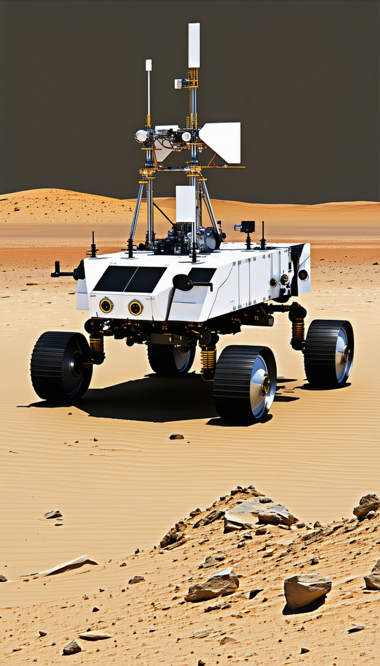 A White Robotic Vehicle With A Large Antenna On Top, Driving Across A Rocky Terrain