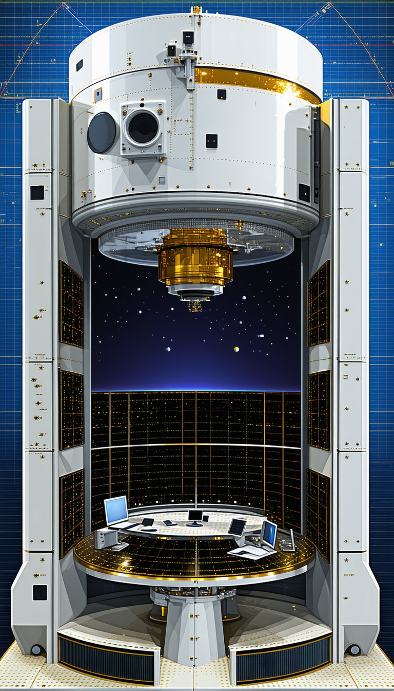 In The Image, There Is A Large Spacecraft With A Dome-shaped Structure, Which Is Likely A Satellite