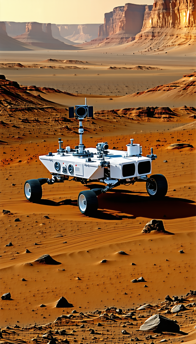 A White And Silver Robotic Vehicle, Possibly A Rover, Driving Across A Sandy Terrain