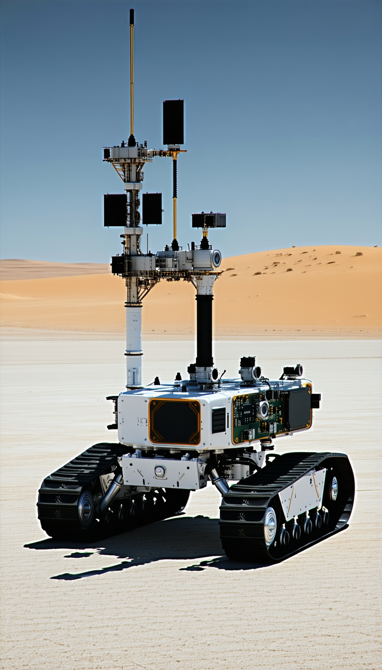 A White Robotic Vehicle With A Large Camera Mounted On Its Front