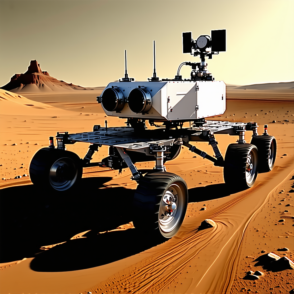 A Large, Four-wheeled Vehicle, Possibly A Robot Or A Rover, Driving Across A Sandy Terrain