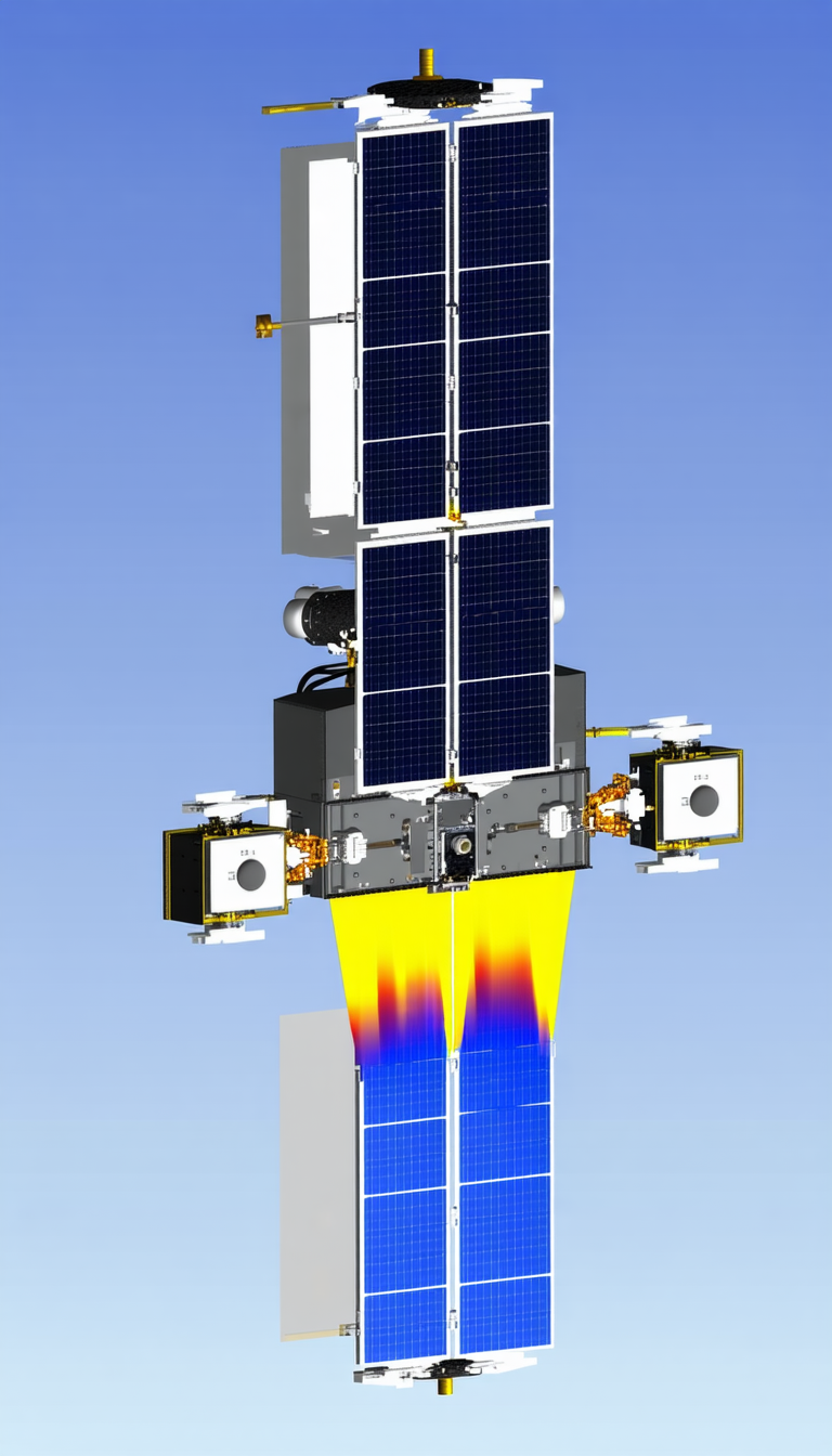 A Spacecraft Is Shown In A Close-up View, With Its Solar Panels And Other Components Clearly Visible