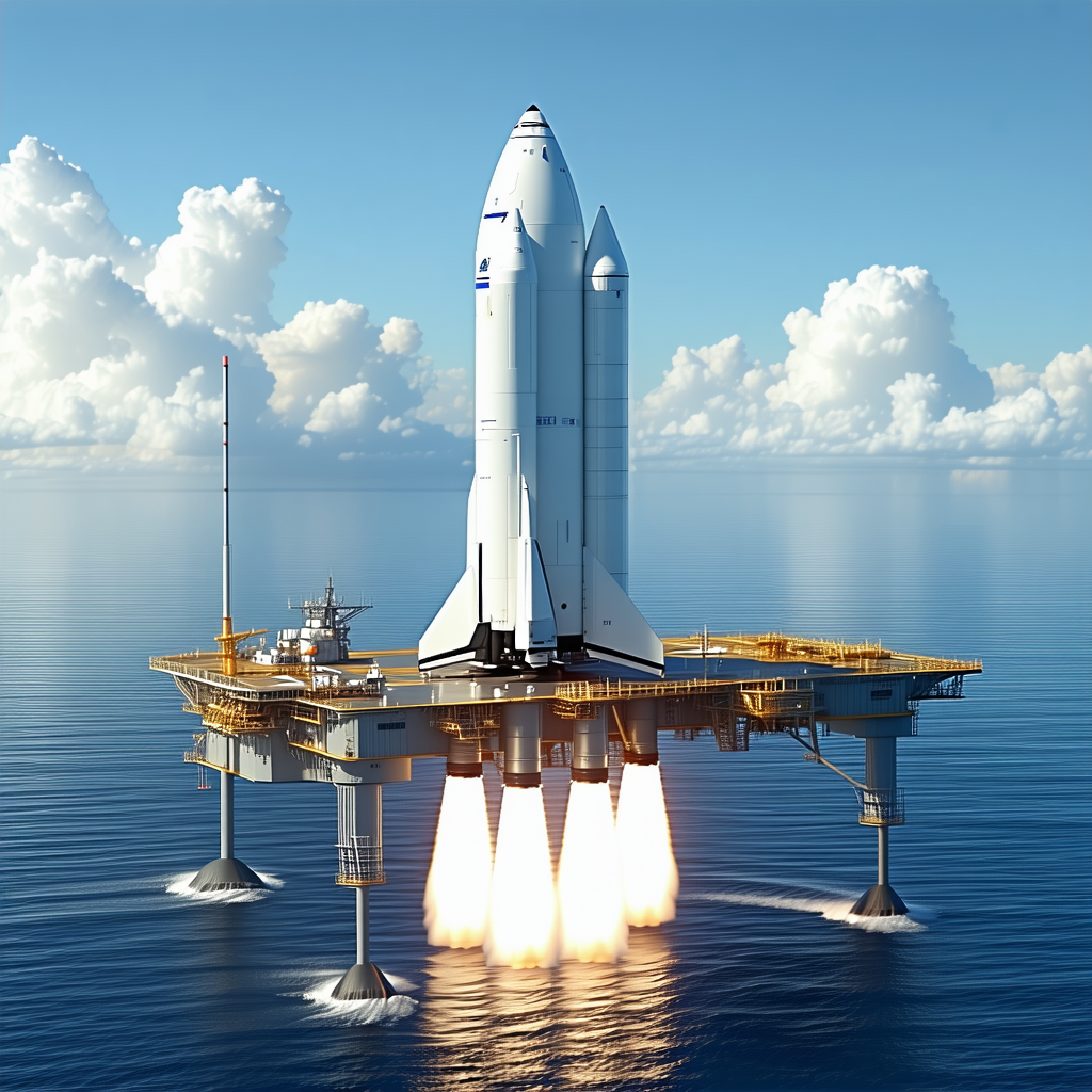 A Large Space Shuttle Docked On A Floating Platform In The Ocean
