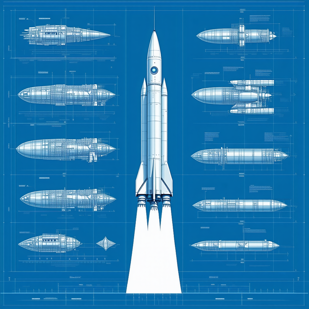 A Large Rocket Ship Is Shown In A Blue Diagram, With A Smaller Rocket Ship Positioned In Front Of It