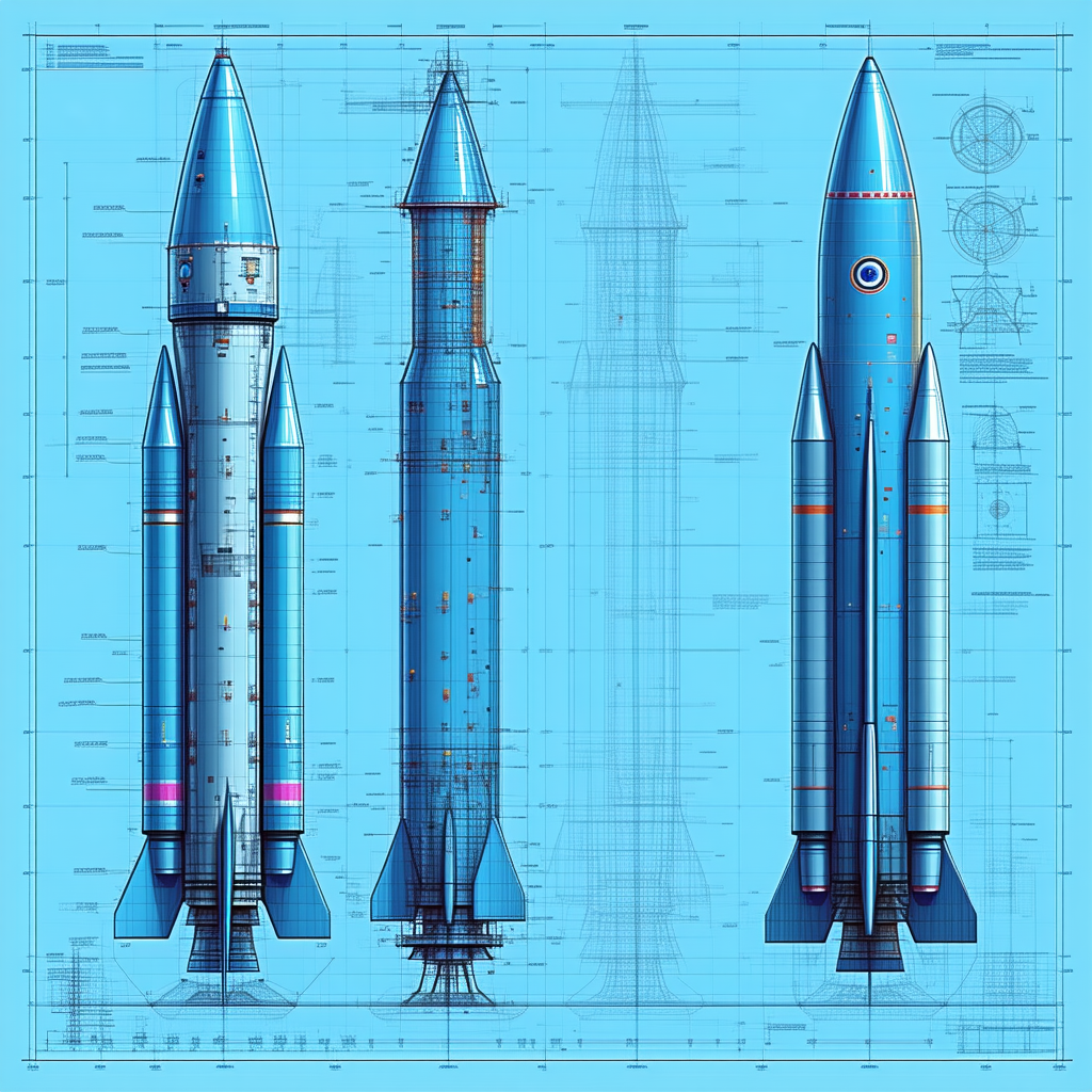 A Blue Rocket Ship Is Shown In Three Different Stages Of Its Development