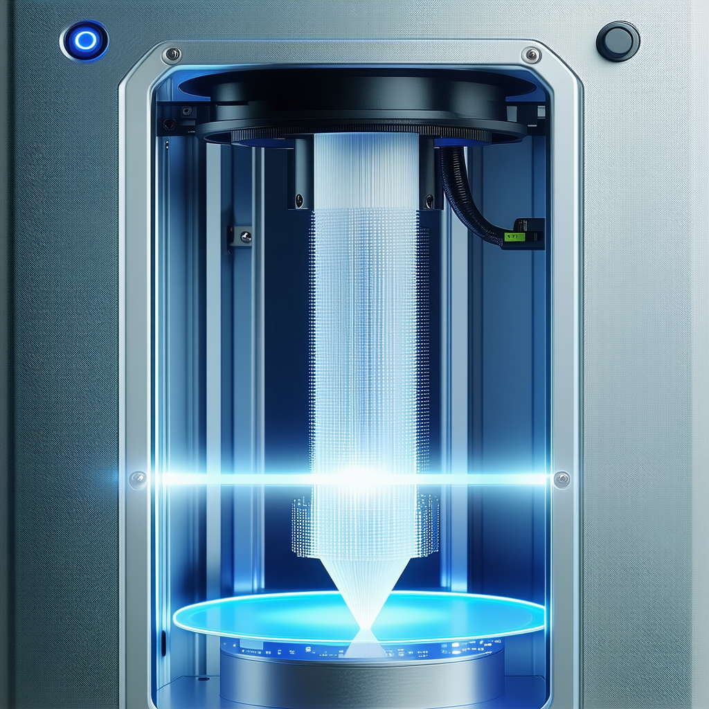 A Blue Light Is Shining On A Clear Plastic Object, Which Appears To Be A 3d Printer