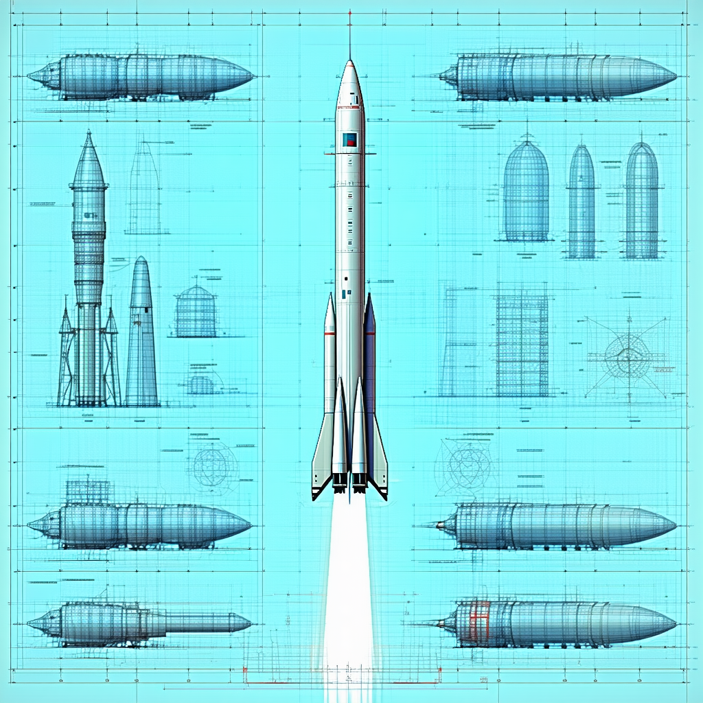 A Space Shuttle Is Shown In A Blue And White Drawing, With A Rocket Ship Next To It