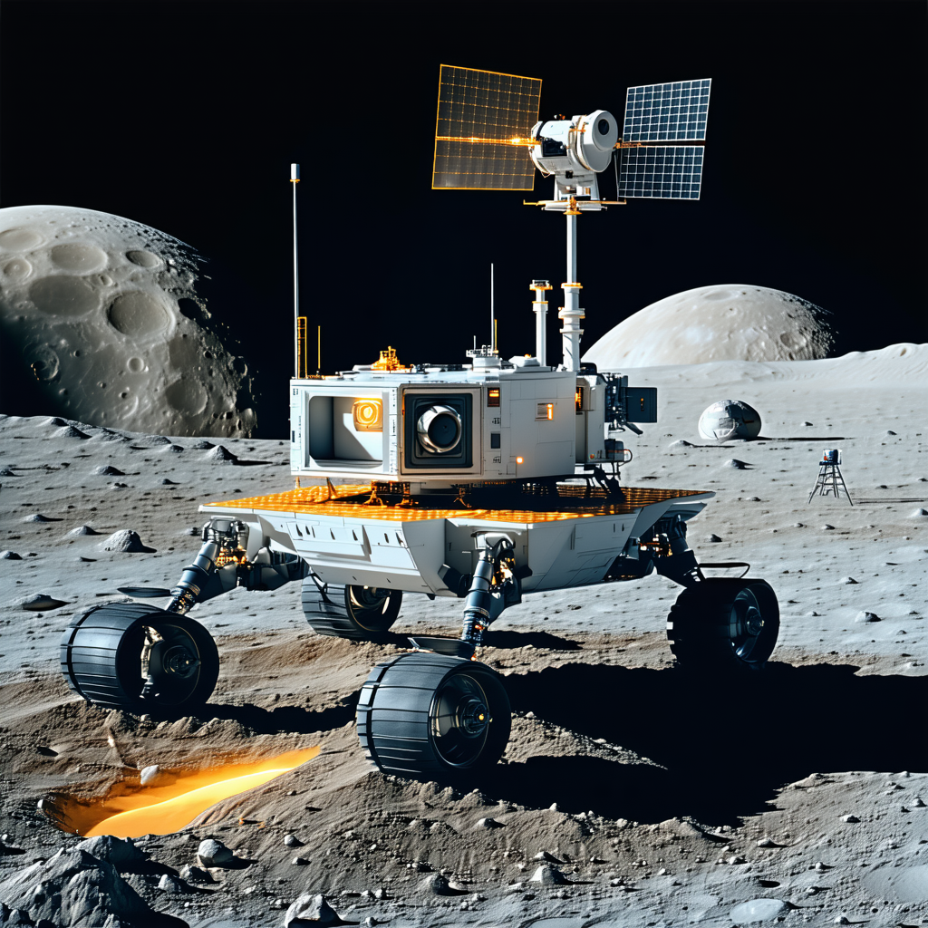 A White Robotic Vehicle Is Parked On The Surface Of The Moon