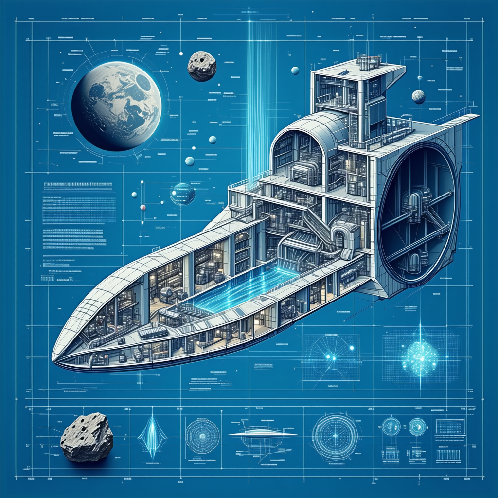 The Image Is A Blueprint Of A Futuristic Spacecraft, Which Appears To Be A Large