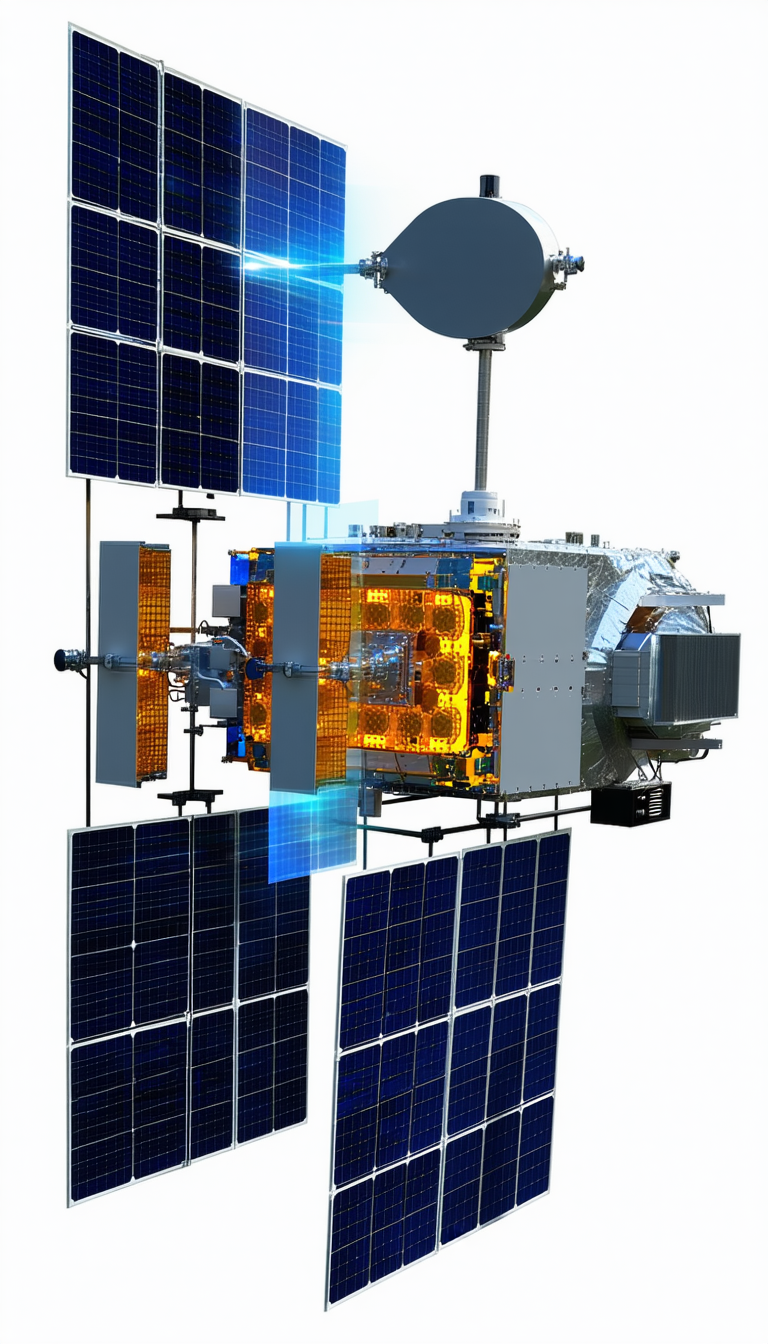 A Space Station Is Shown In A White And Blue Color Scheme