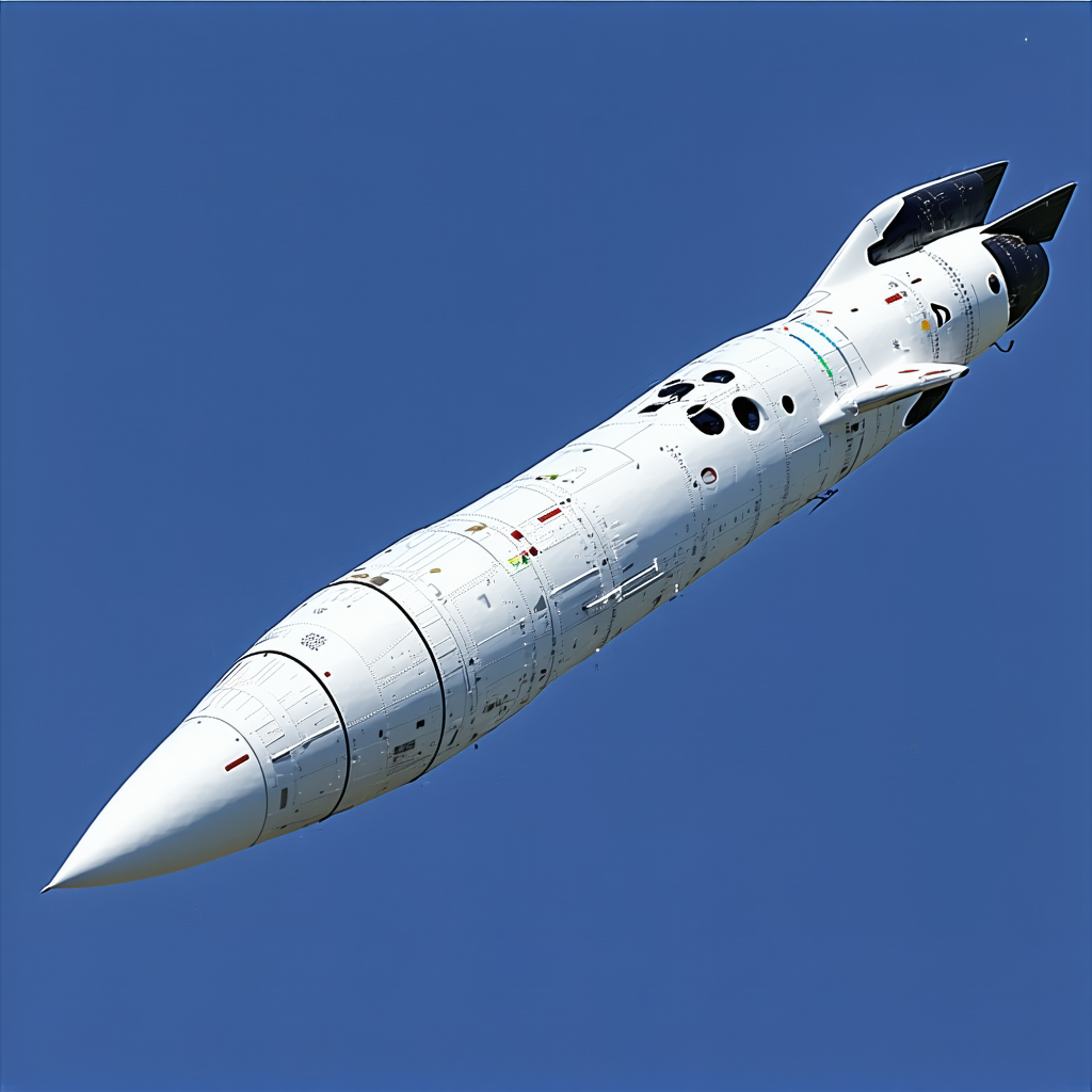 A White Rocket Is Flying Through The Sky, With A Blue Background