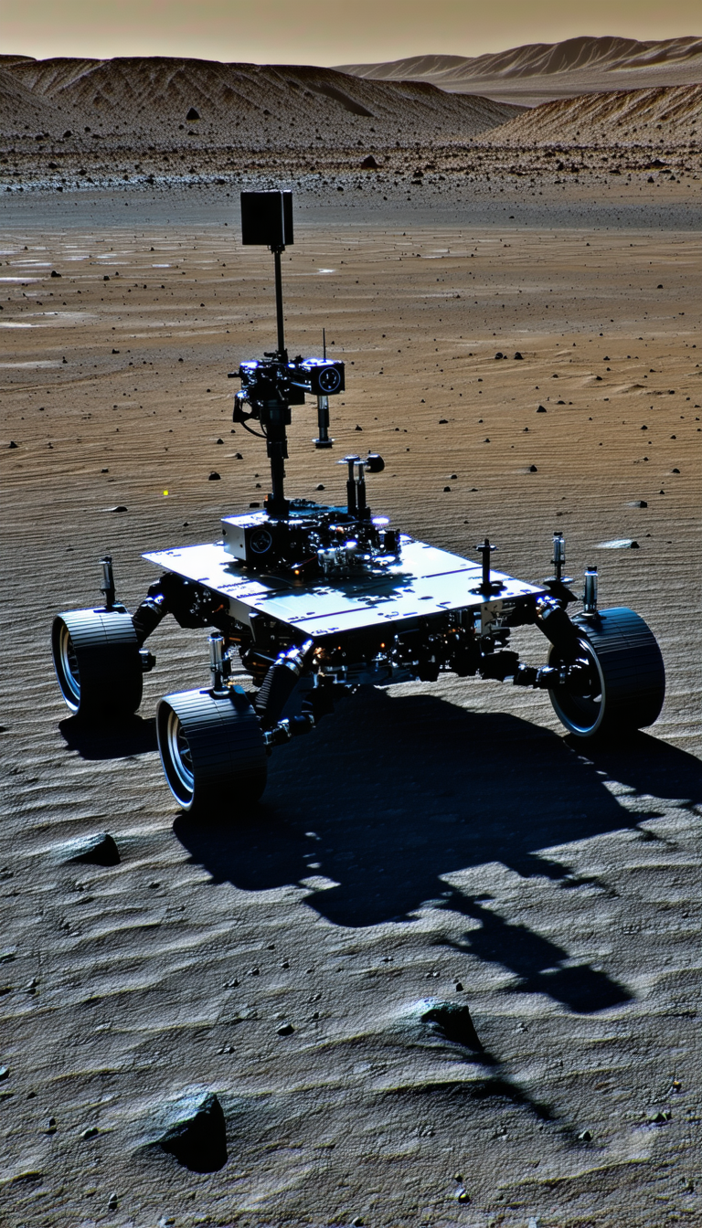 A Robotic Vehicle, Possibly A Rover, Sitting On A Sandy Surface