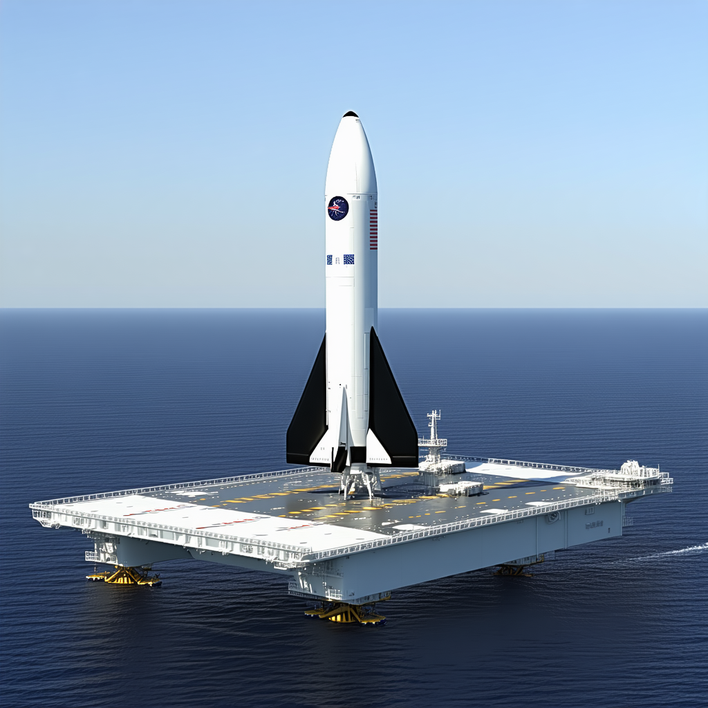 A Large White Rocket Ship Is Docked On A Floating Platform In The Ocean