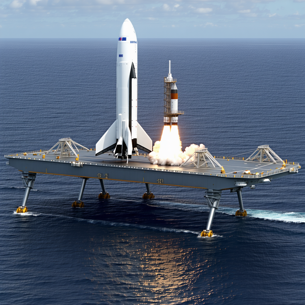 A Large Space Shuttle Docked On A Floating Platform In The Ocean