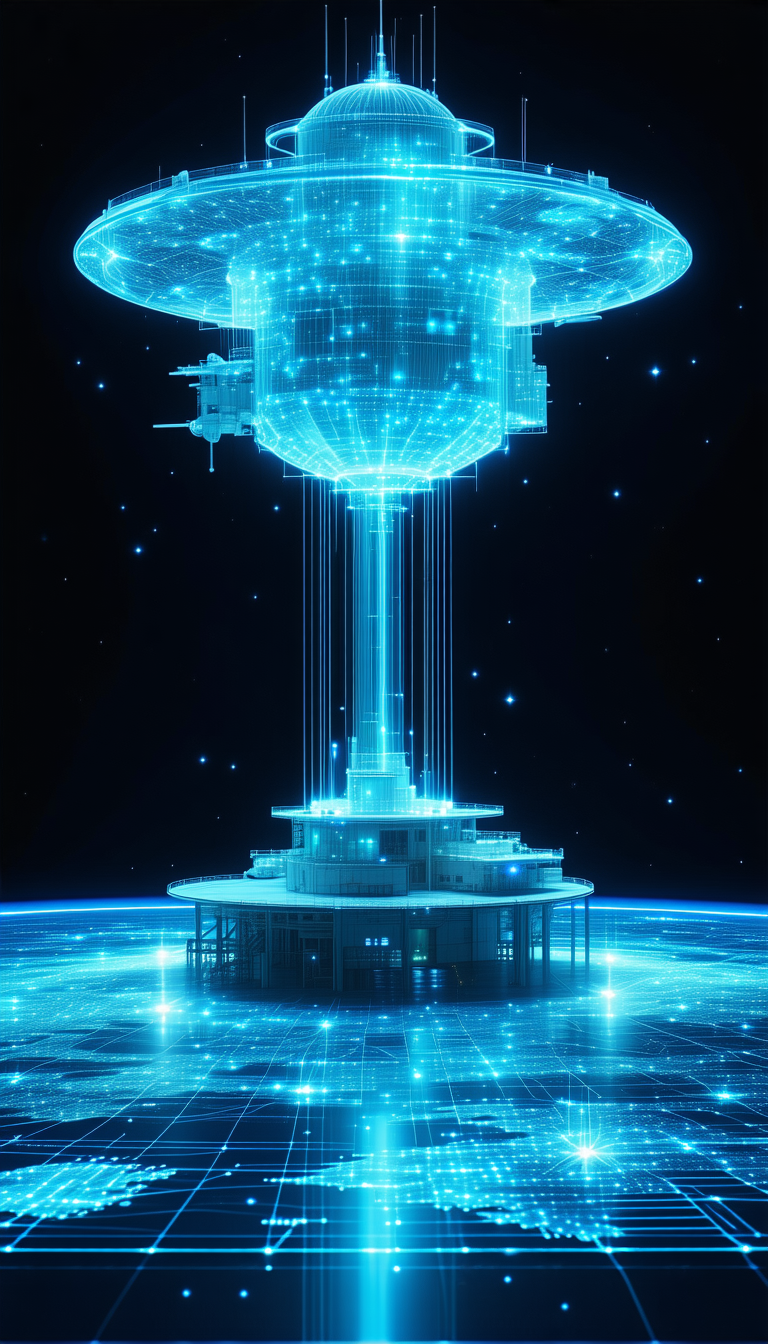 A Futuristic Building With A Large, Blue, And White Dome On Top