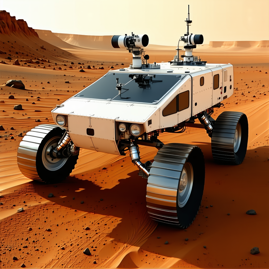 A White Robotic Vehicle With Four Large Wheels, Driving Across A Sandy Terrain