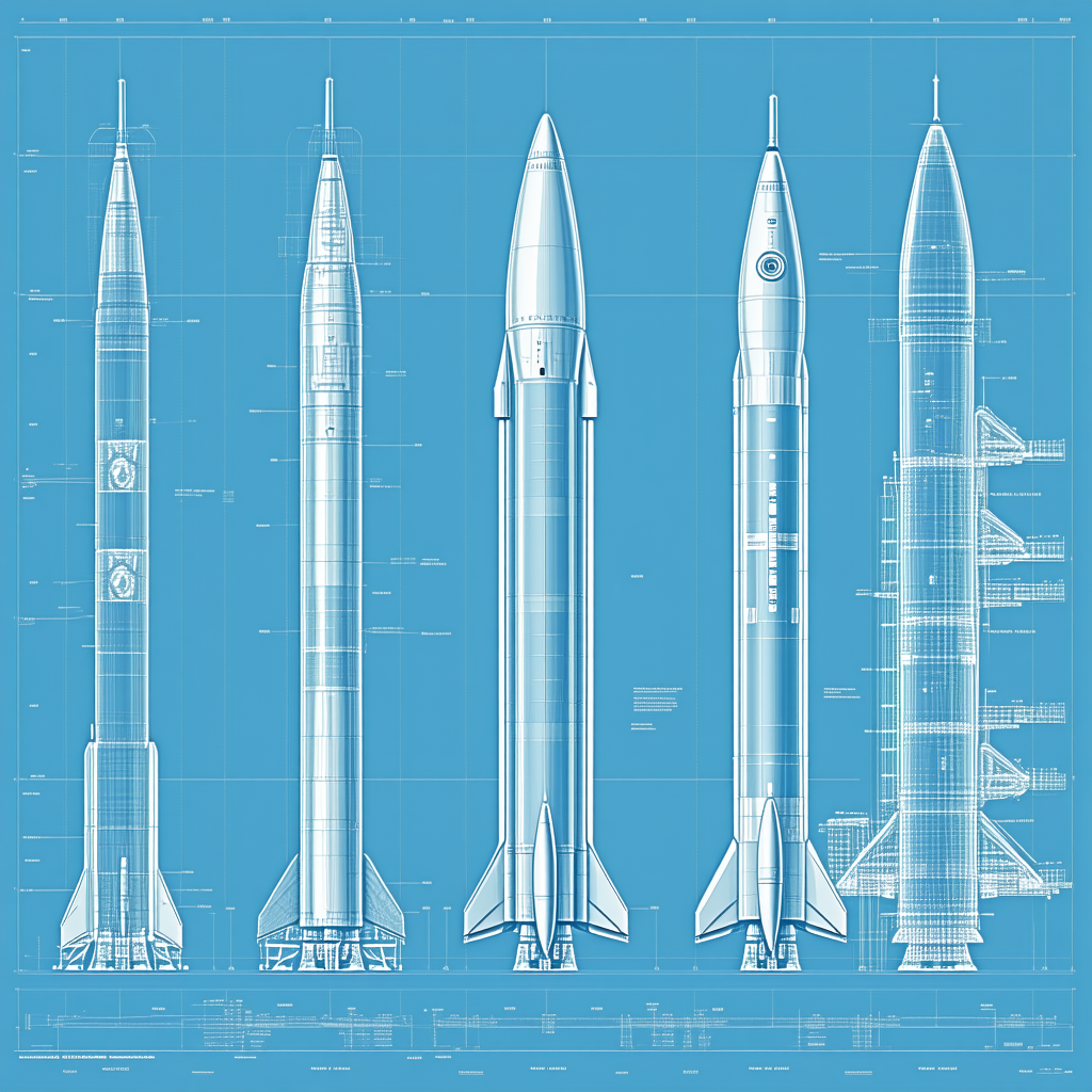The Image Is A Blue Drawing Of Three Different Types Of Rockets