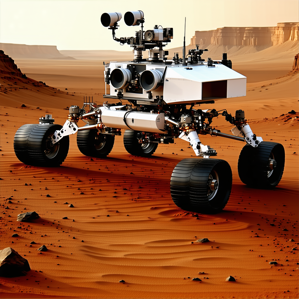 A White Robotic Vehicle With A Large Wheel On The Front, Driving Across A Sandy Terrain