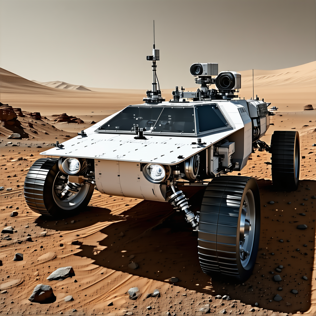 A White Robotic Vehicle Is Parked On A Dirt Surface