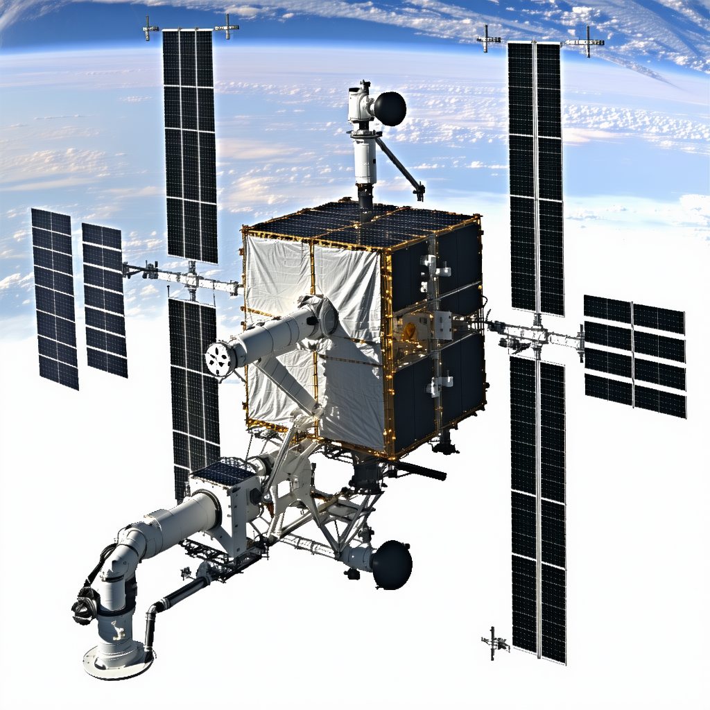 A Large Spacecraft Is Shown In A Close-up View, With Its Various Components Clearly Visible