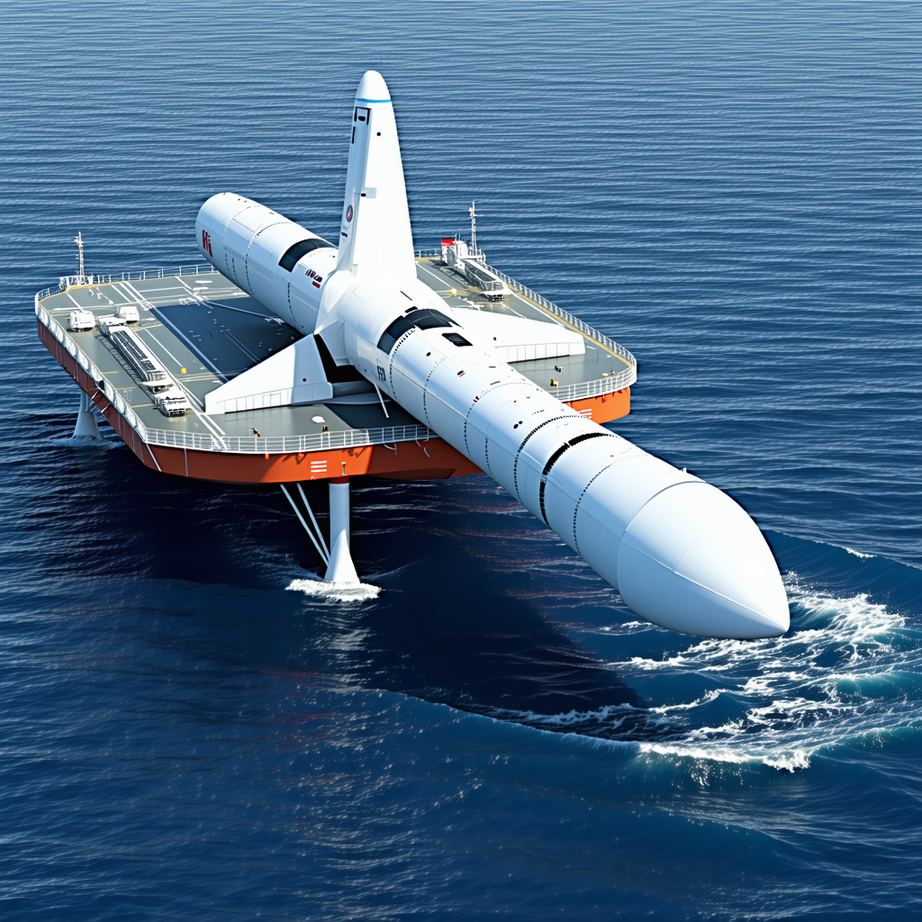 A Large White Space Shuttle Is Floating On Top Of A Large Orange Structure In The Ocean