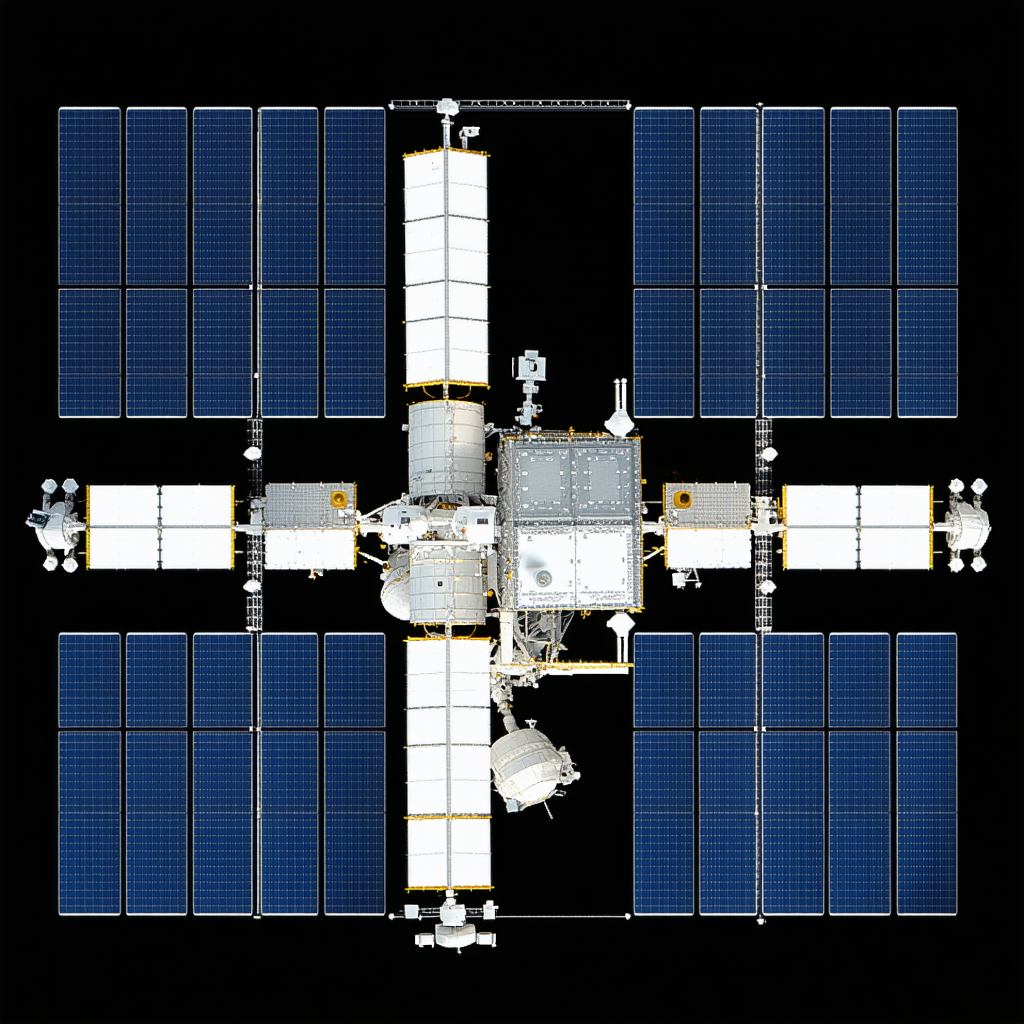 A Space Station With A Large, White, And Blue Structure