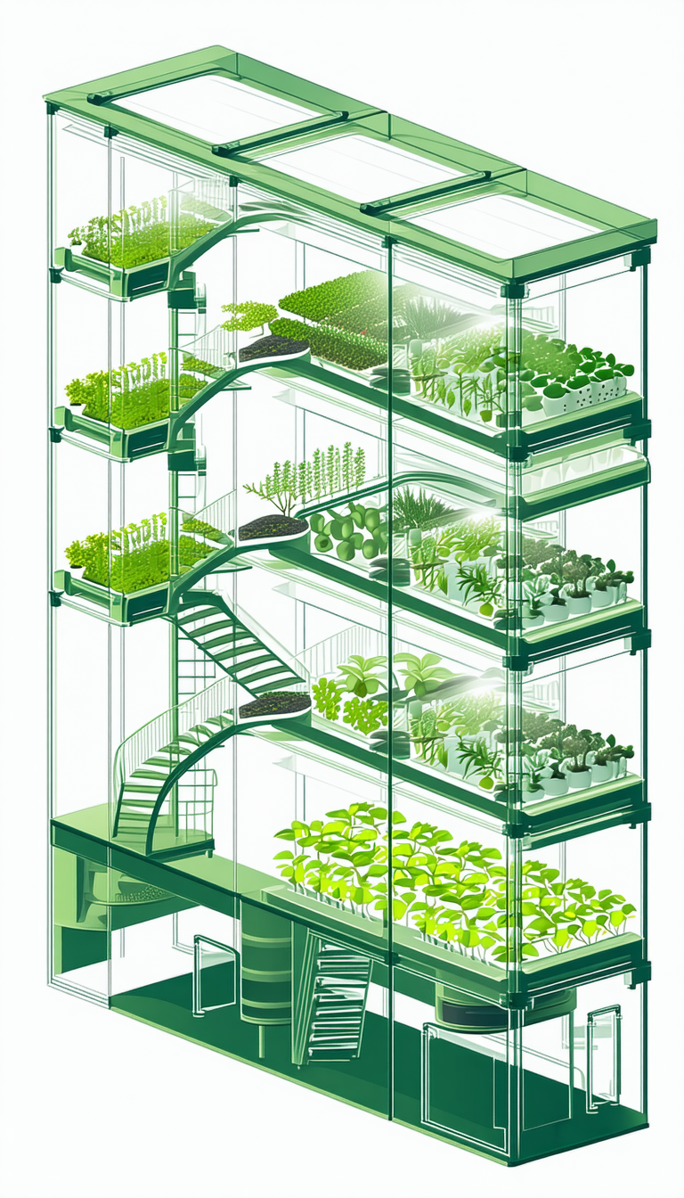 In The Image, There Is A Large, Multi-level Greenhouse Filled With Various Plants