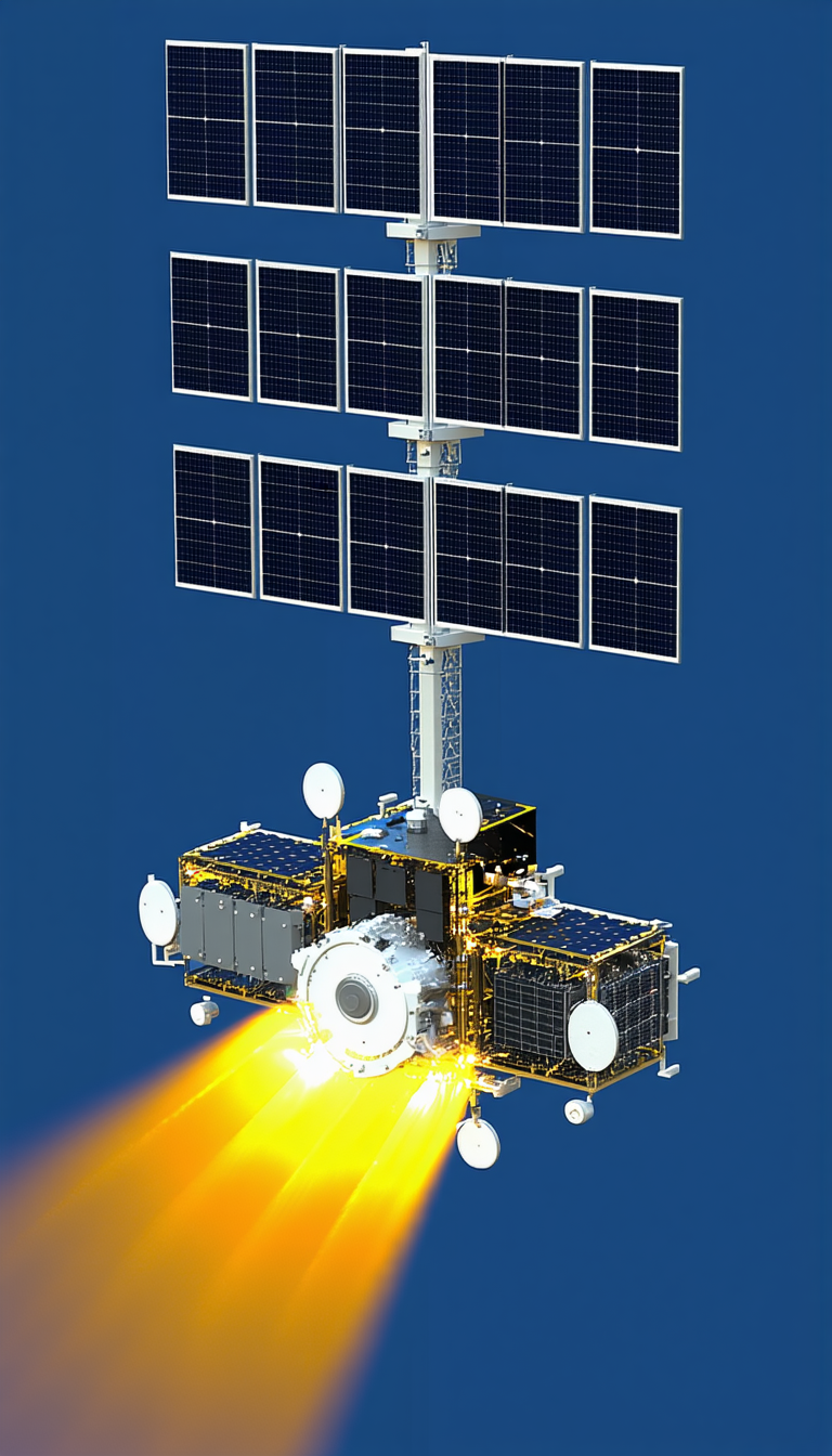 A Spacecraft Is Shown In A Blue Background, With A Bright Yellow Beam Of Light Coming From It