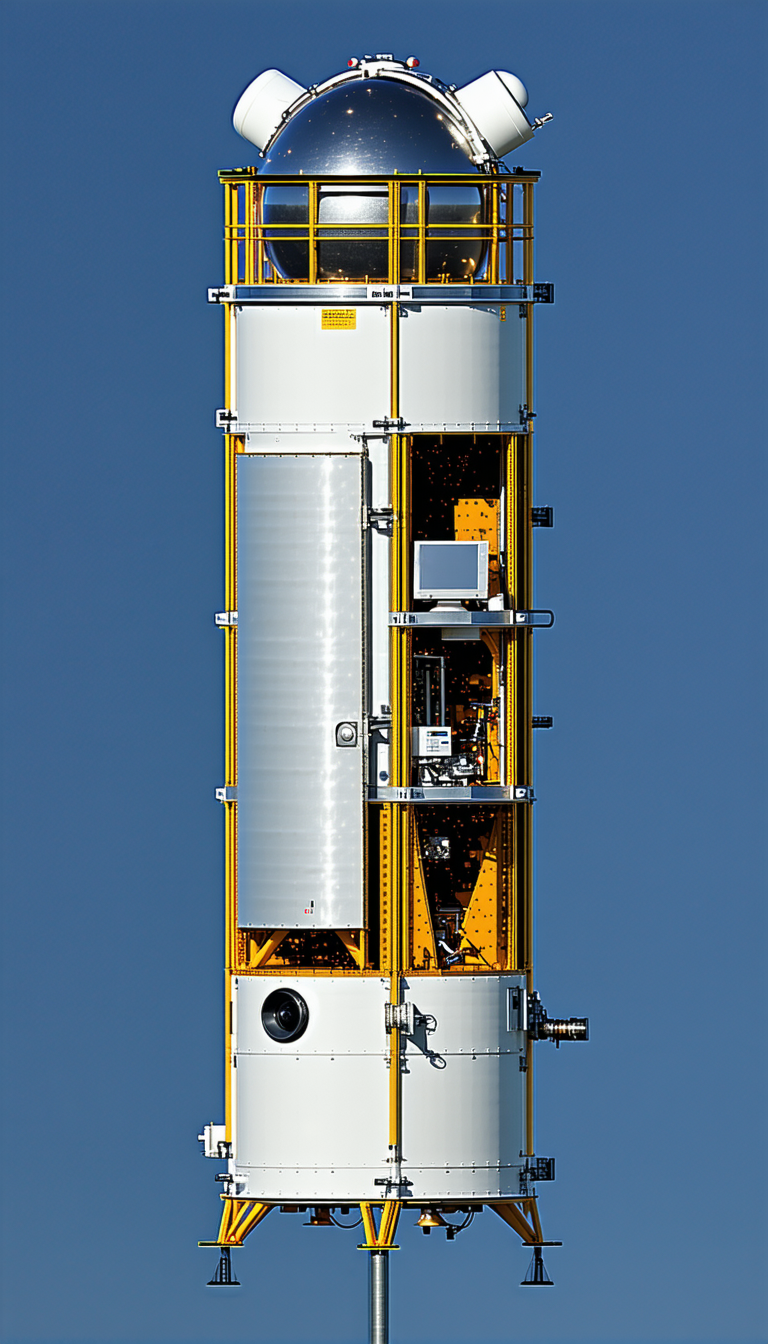 A Large White Satellite Is Mounted On Top Of A Yellow Tower