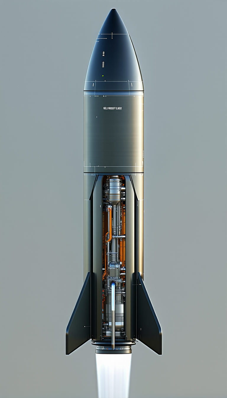 A Large Rocket Is Shown In A Close-up View, With Its Engine And Fuel System Visible
