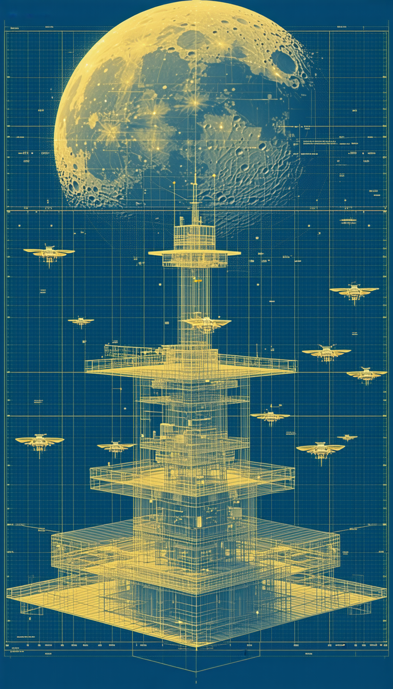 A Large, Futuristic Building Is Depicted In A Blue Drawing