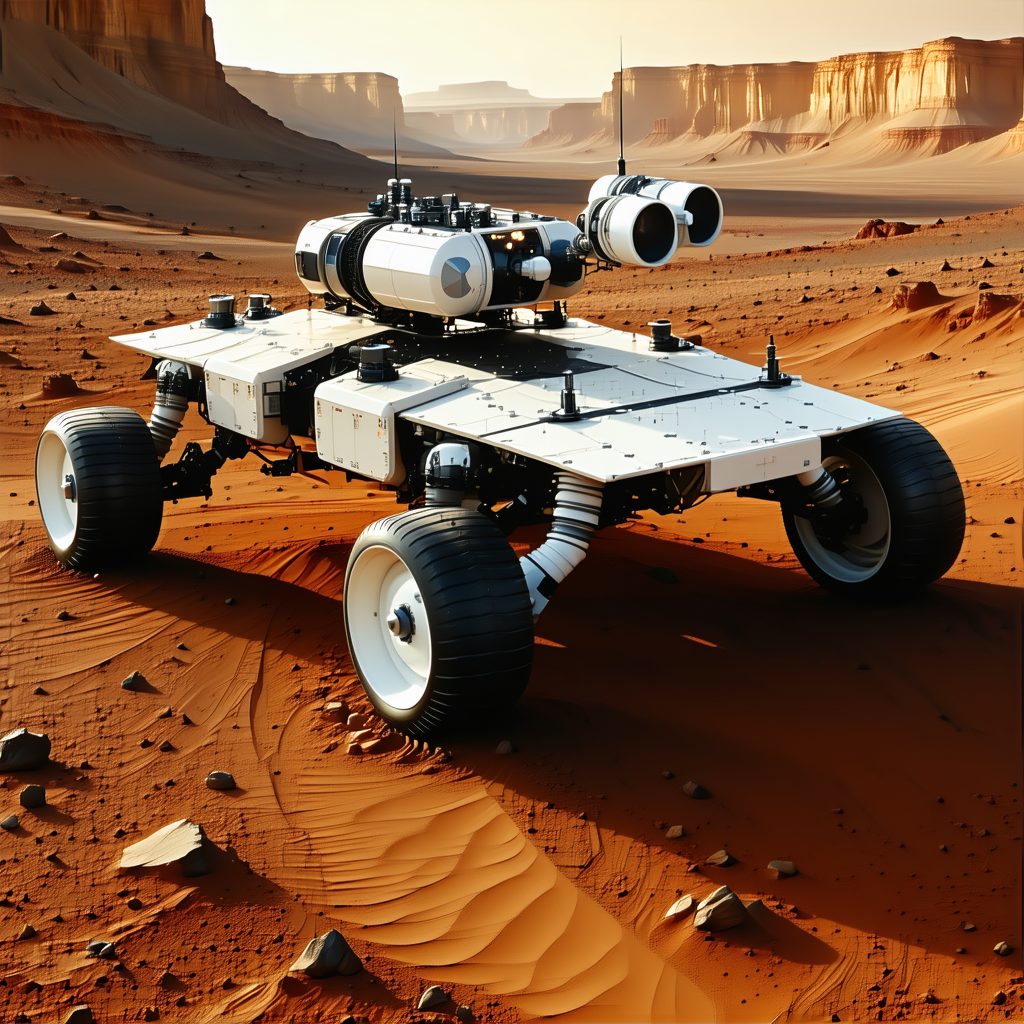 A White Robotic Vehicle Is Parked On A Rocky