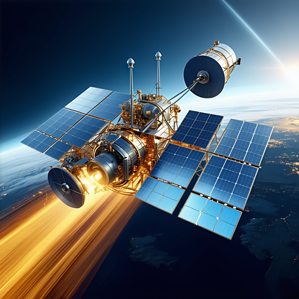 A Spacecraft With A Large Satellite Dish On Top, Flying Through The Sky
