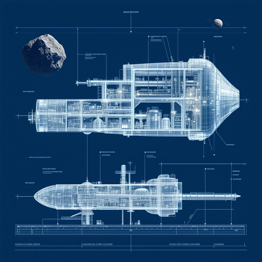 A Blue Drawing Of A Space Ship Is Shown, With A Detailed Diagram Of The Ship's Structure