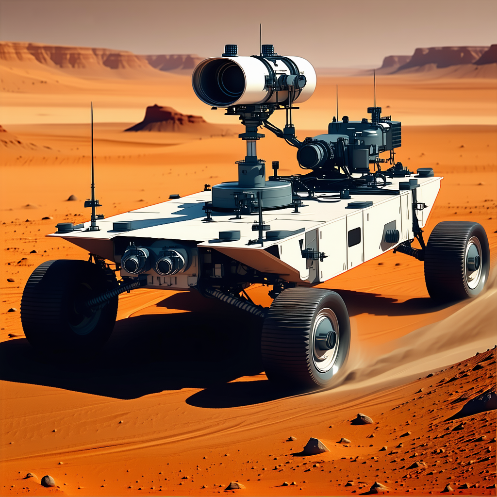 A Futuristic Vehicle, Possibly A Tank Or A Rocket, Driving Across A Desert Landscape