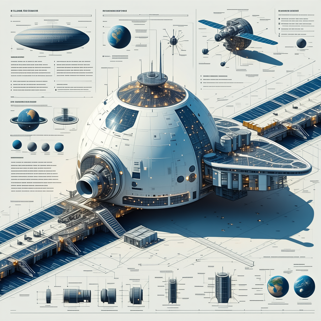 A Large, Futuristic Spacecraft Is Shown In A Diagram, With Various Parts Labeled