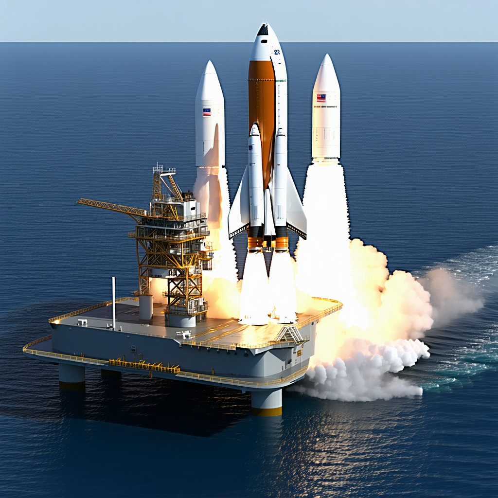 A Large Space Shuttle Docked On A Floating Platform In The Ocean
