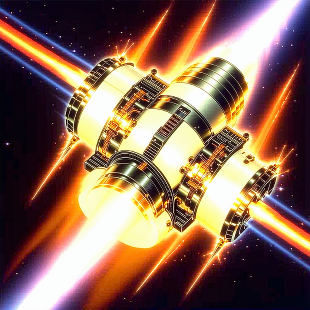 A Spacecraft Is Shown In A Brightly Lit Environment, With Its Engine Glowing Brightly