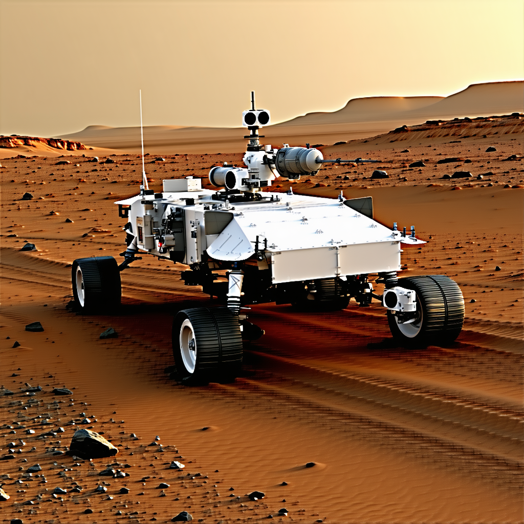 A White Robotic Vehicle, Possibly A Rover, Driving Across A Sandy Terrain