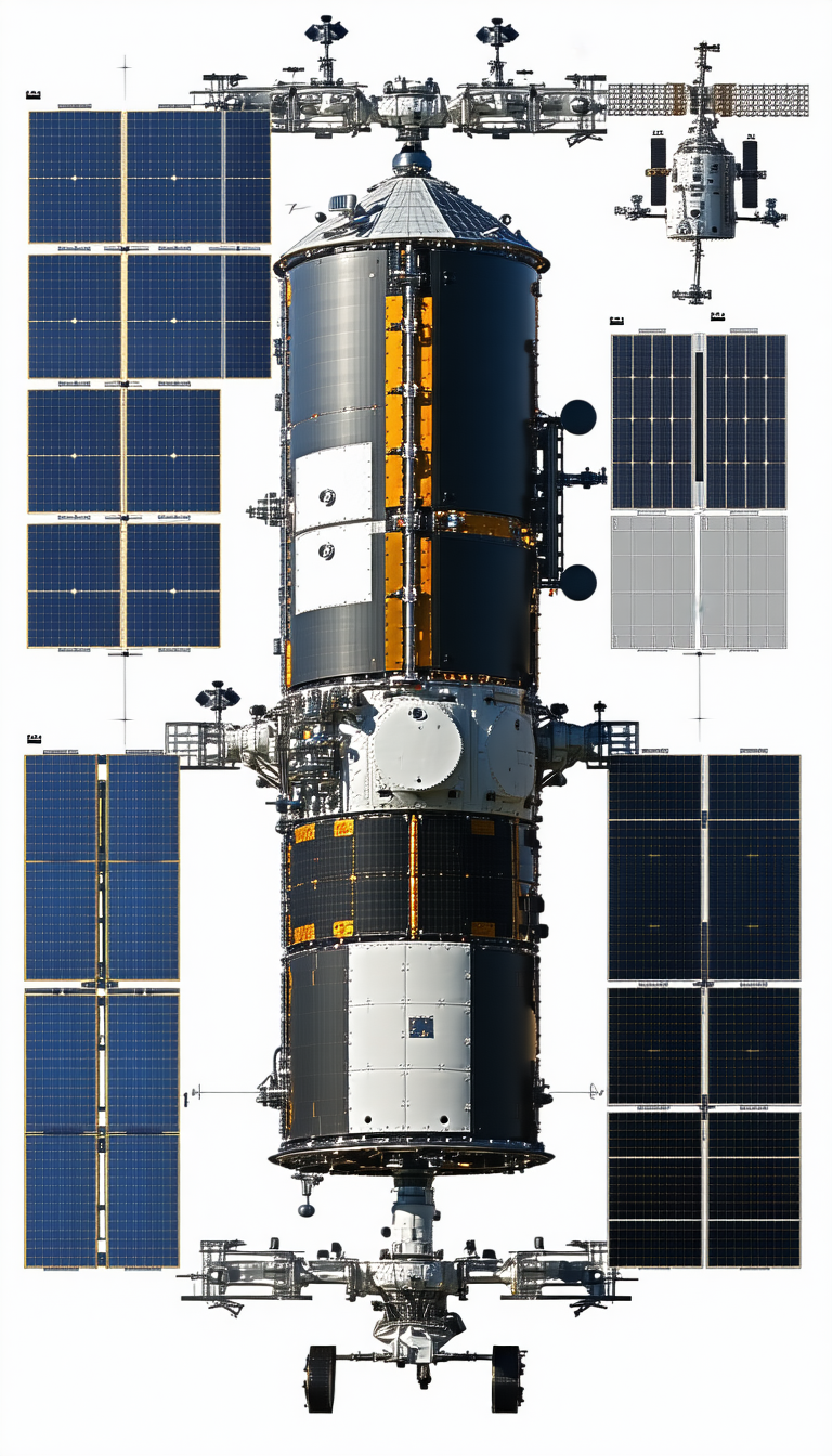 A Large Spacecraft Is Shown In A Series Of Diagrams, With Each Section Labeled