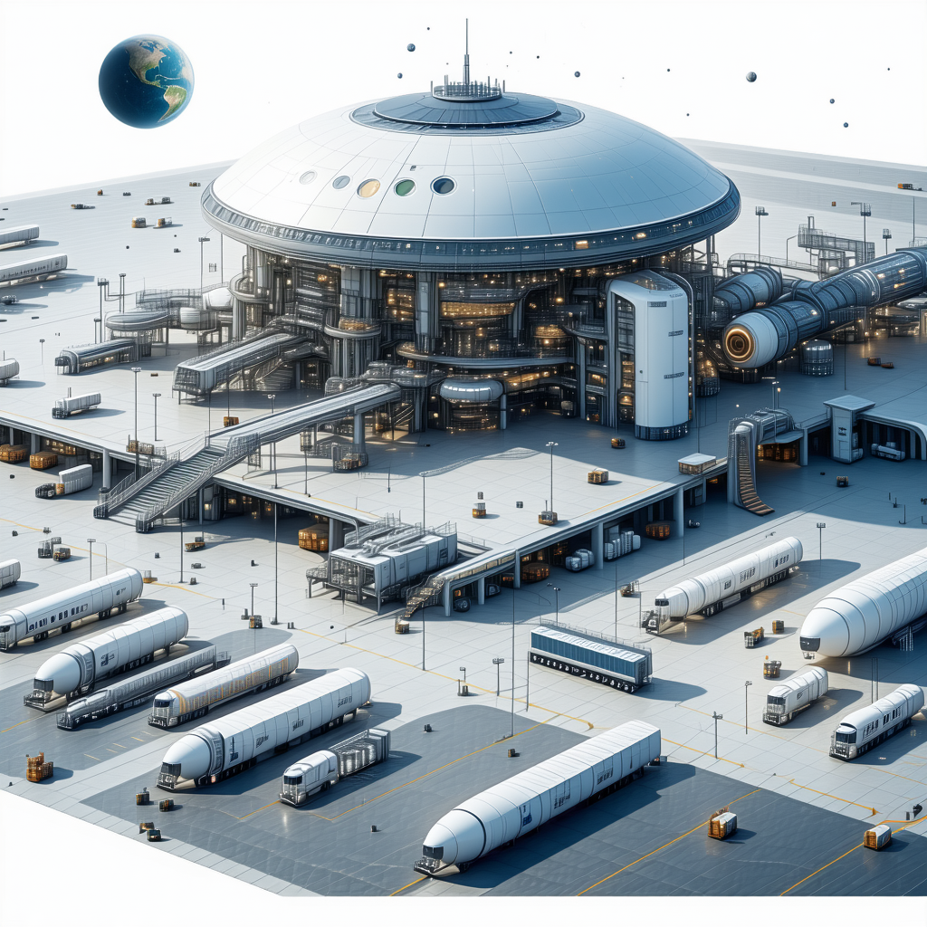 The Image Is A Futuristic Drawing Of A Large Space Station With A Dome-shaped Structure