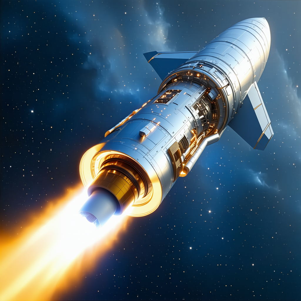 A Rocket Ship Flying Through The Sky, With A Bright Blue Background