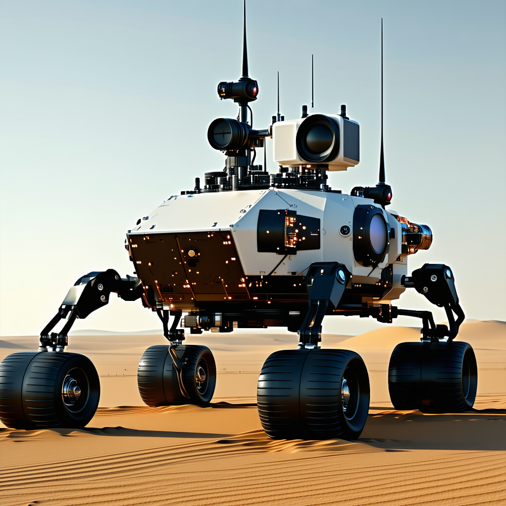 A Large Robotic Vehicle Is Sitting On A Sandy Surface, Possibly A Desert