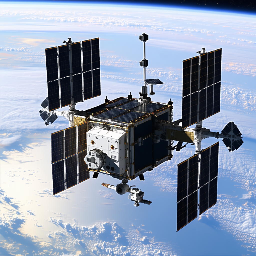 A Space Shuttle With A Large Satellite Dish On Top Of It