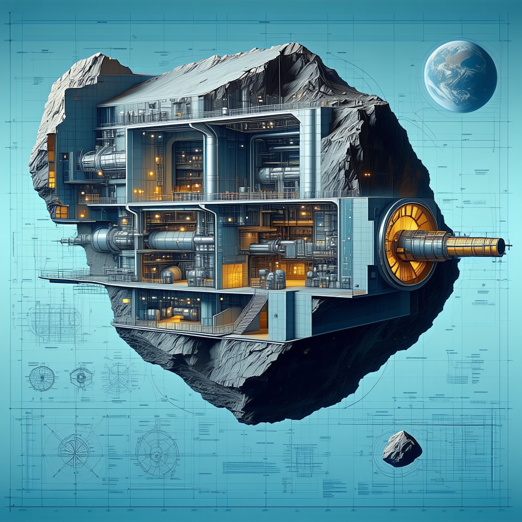 A Large, Futuristic Building Is Depicted In A Blue And White Drawing